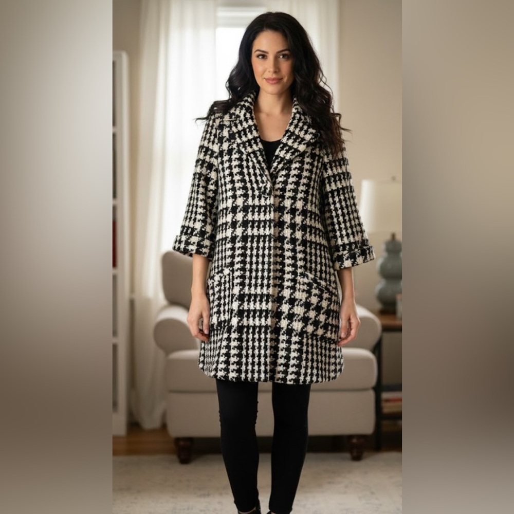 ABS Allen Schwartz Houndstooth Coat in Black and White